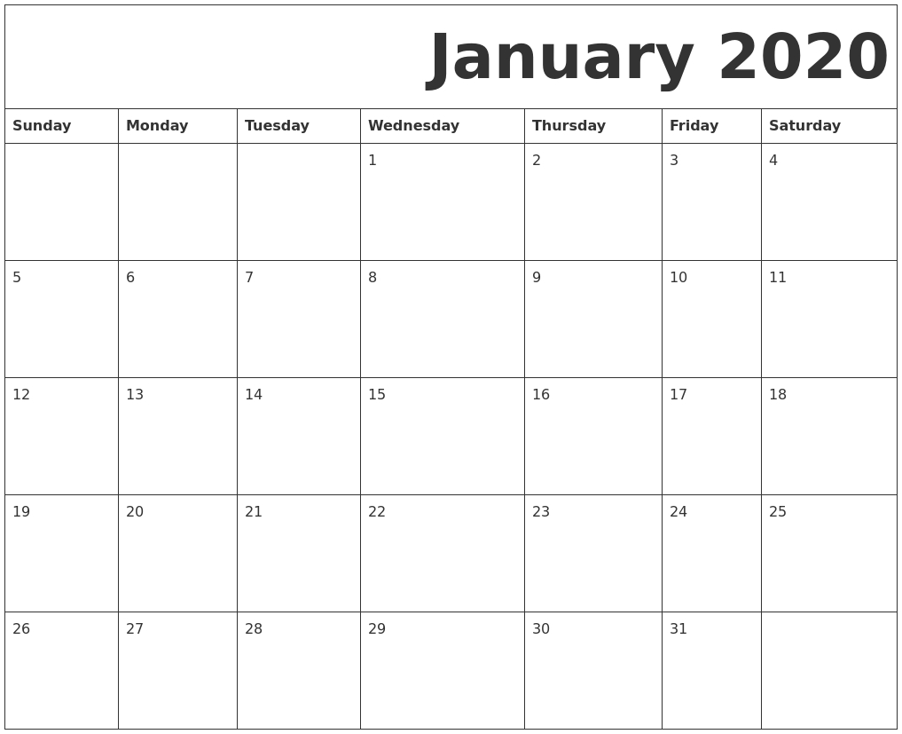 January 2020 Free Printable Calendar-January 2020 Day Calendar