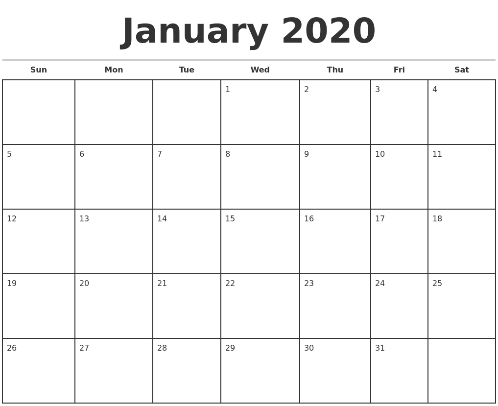 January 2020 Monthly Calendar Template-2020 Monthly Calendar Printable