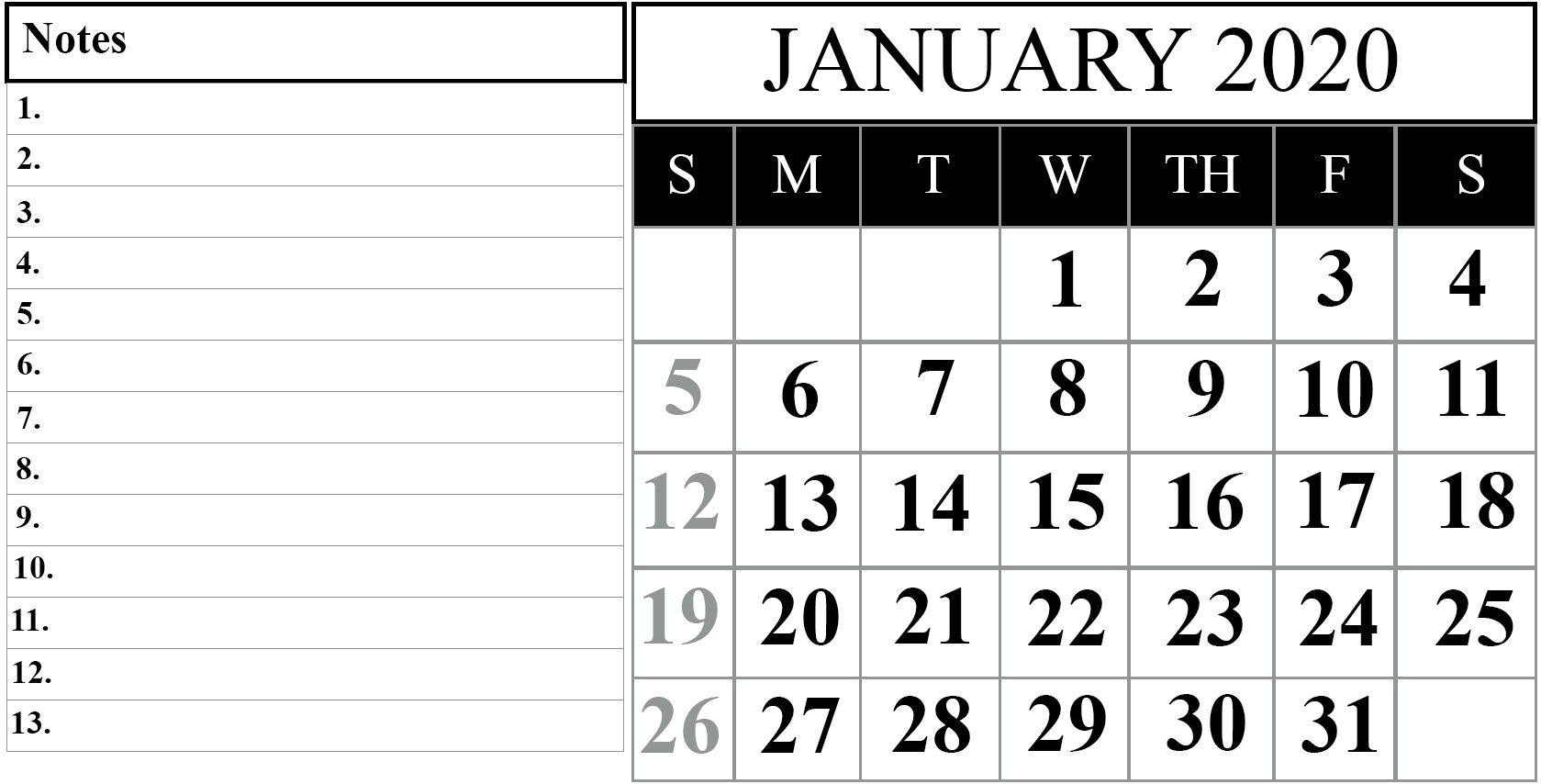 January 2020 Printable Calendar Template #2020Calendars-January 2020 Calendar Png