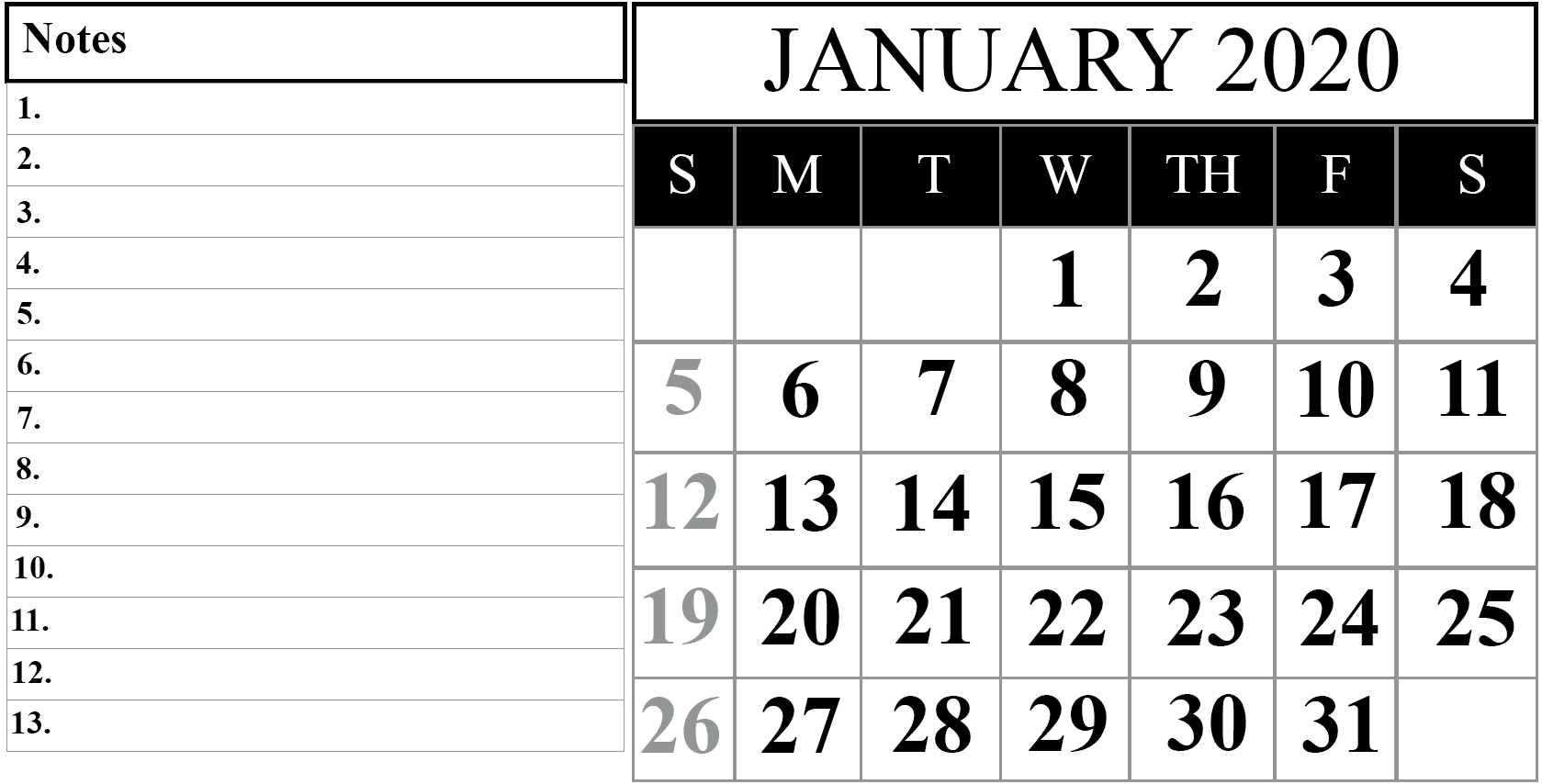 January 2020 Printable Calendar Template #2020Calendars-January 2020 Vertical Calendar