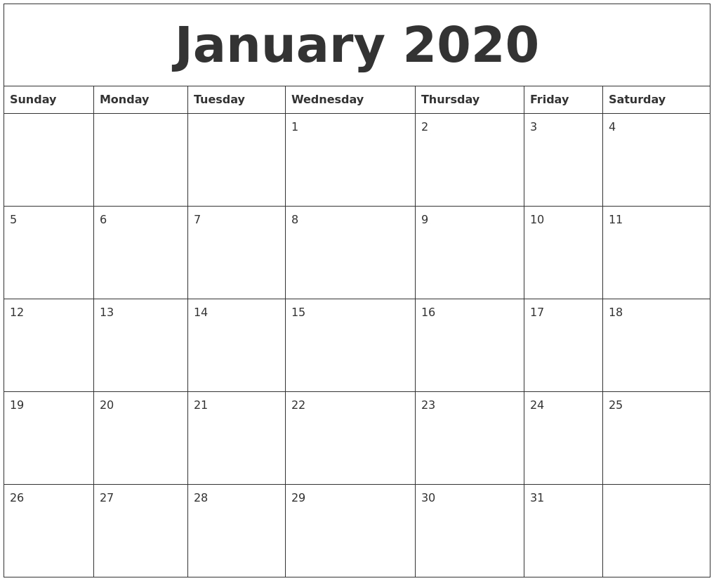 January 2020 Word Calendar-January 2020 Day Calendar