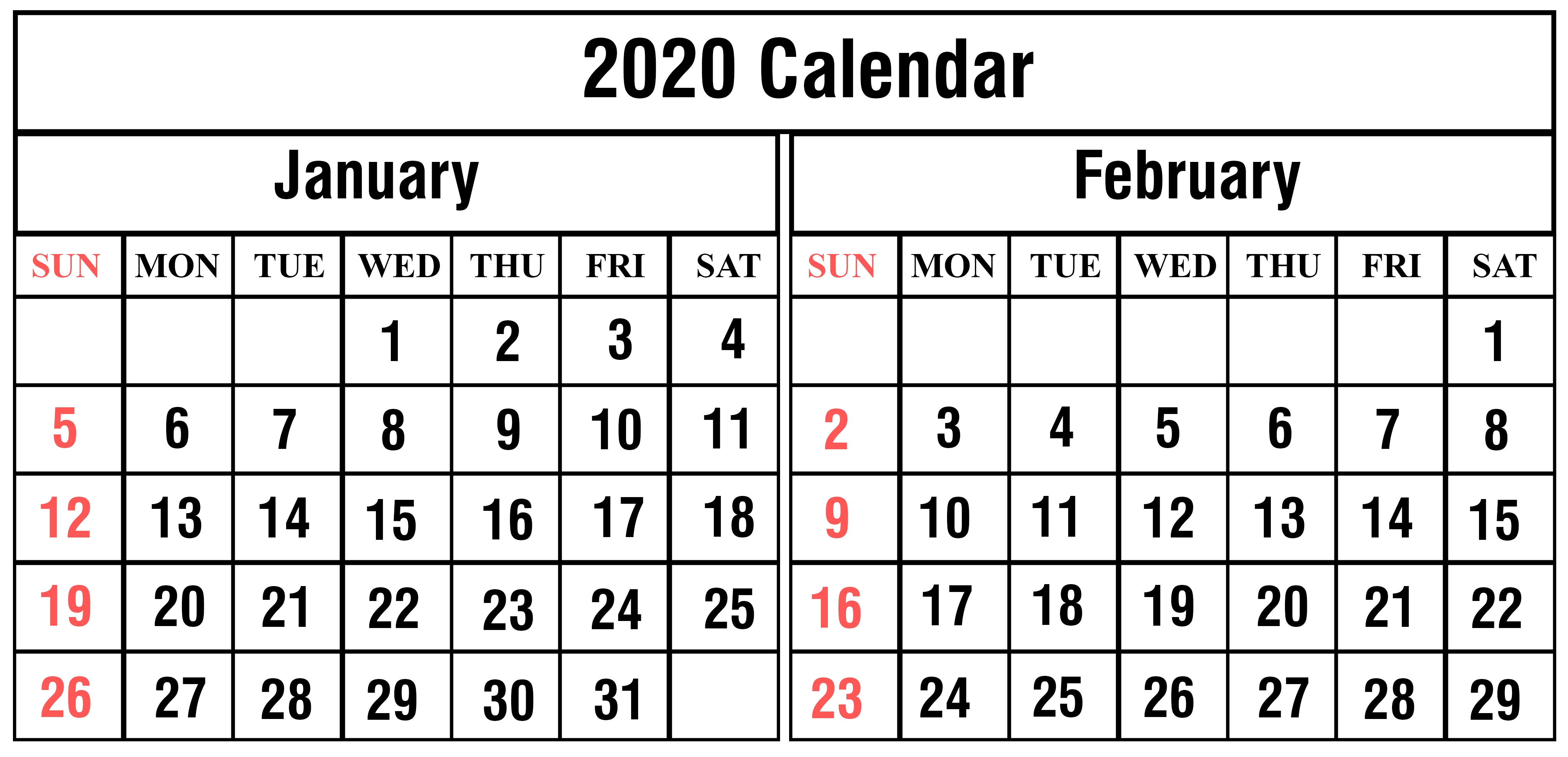 January February 2020 Calendar Printable Template Pdf Word-2020 Calendar January And February