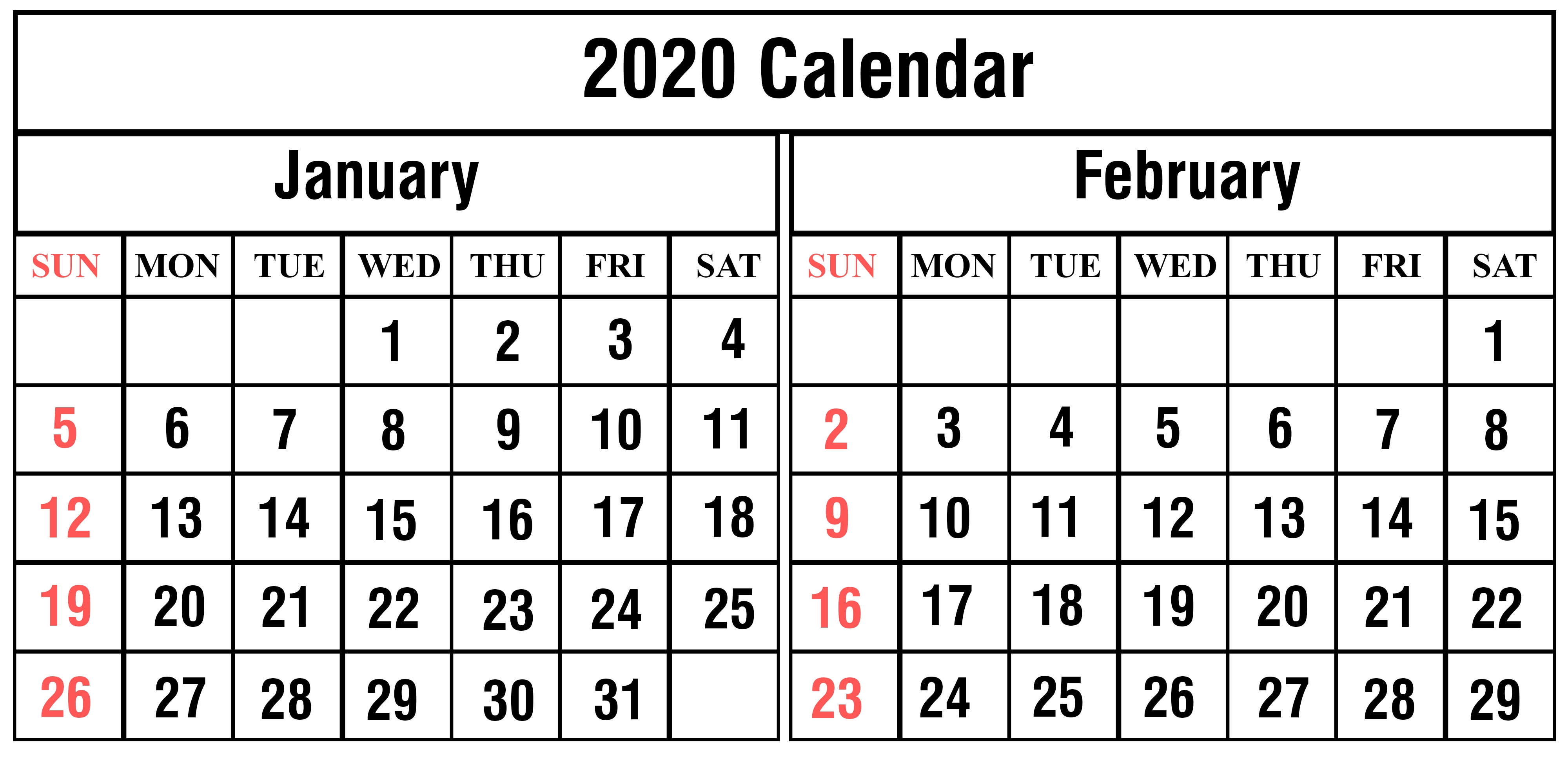 January February 2020 Calendar Printable Template Pdf Word-Calendar Of January And February 2020