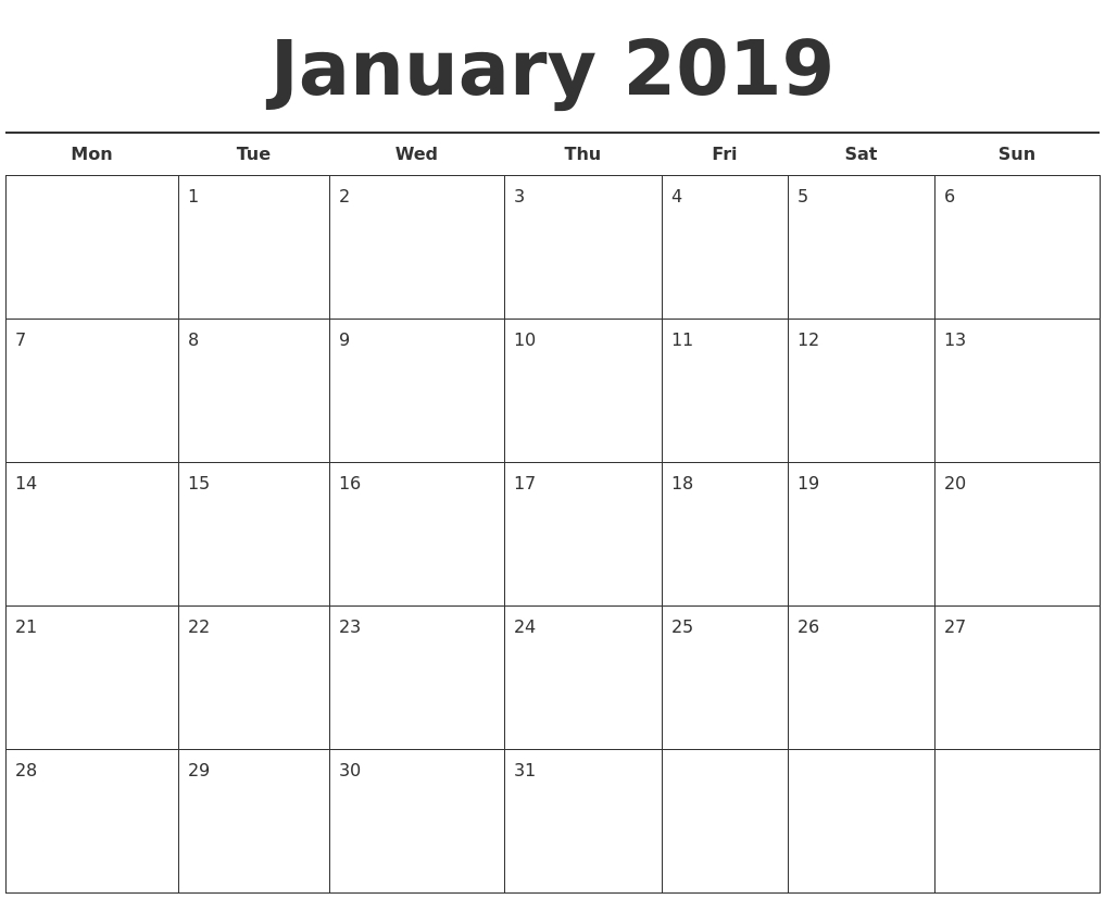 January Month Calendar 2019 Printable Template | 25 Best-Monthly Calendar Sheets Printable