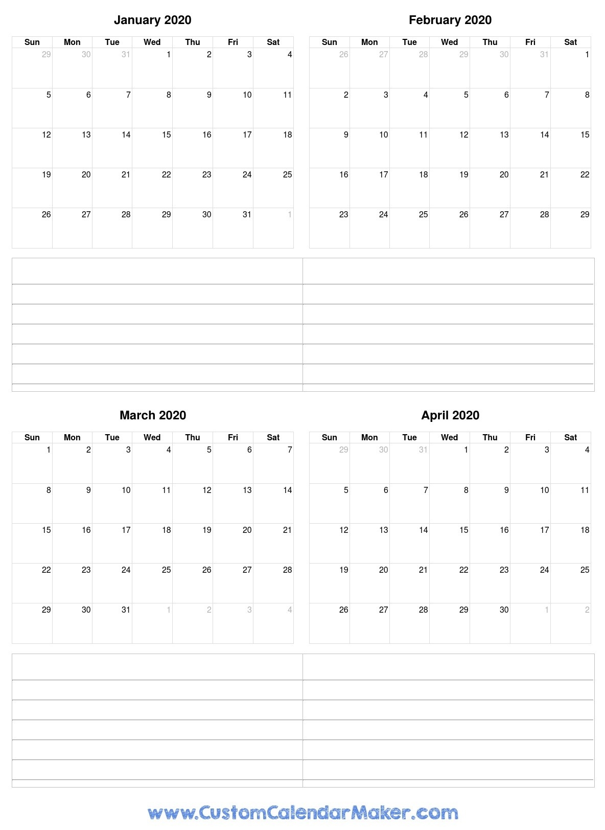 January To April 2020 Calendar-January To April 2020 Calendar