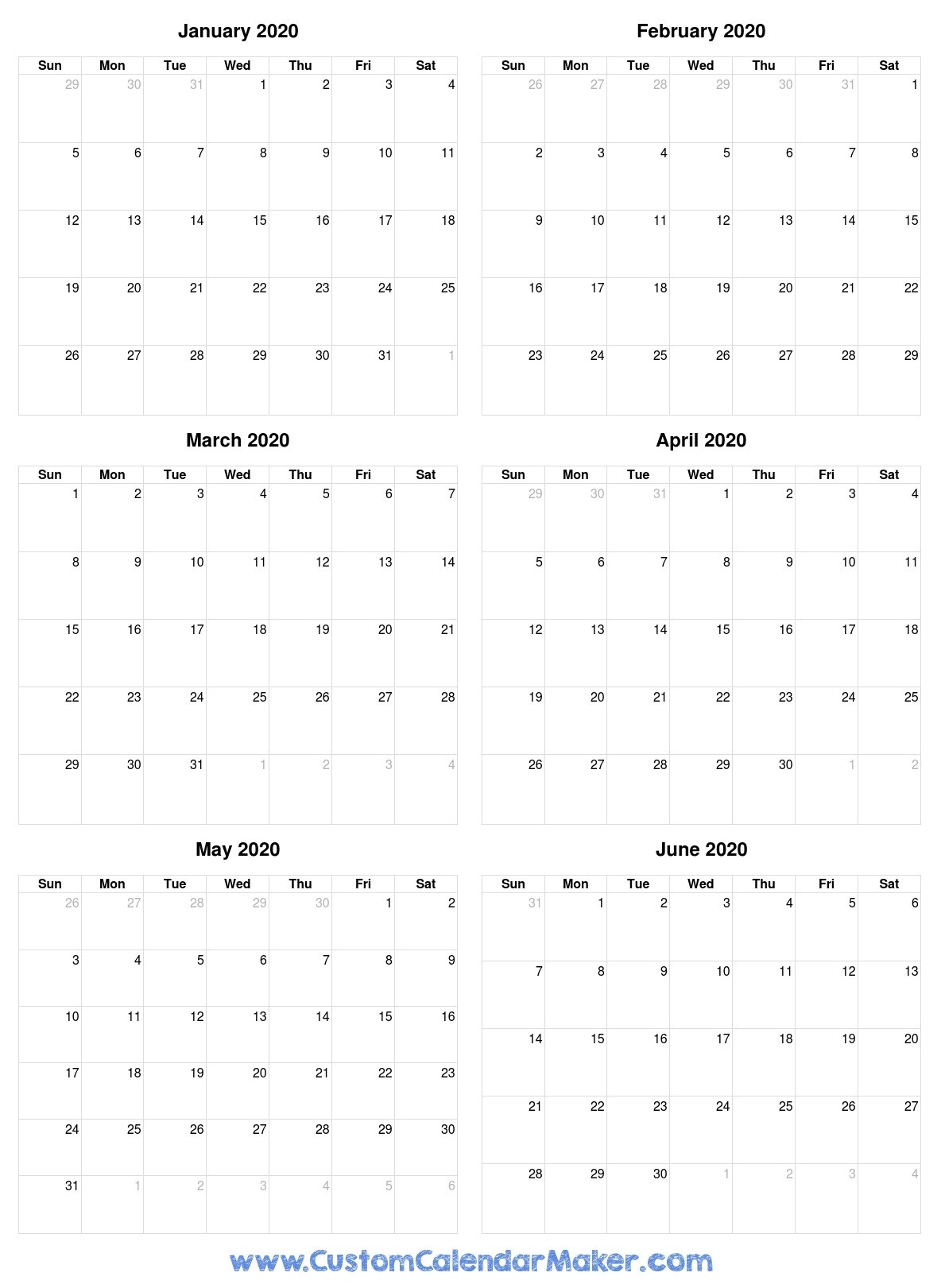 January To June 2020 Calendar, Free Printable Pdf-January - June 2020 Calendar