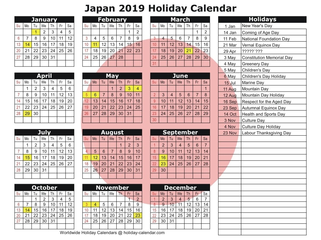 Japan 2019 / 2020 Holiday Calendar-January 2020 Calendar Japan