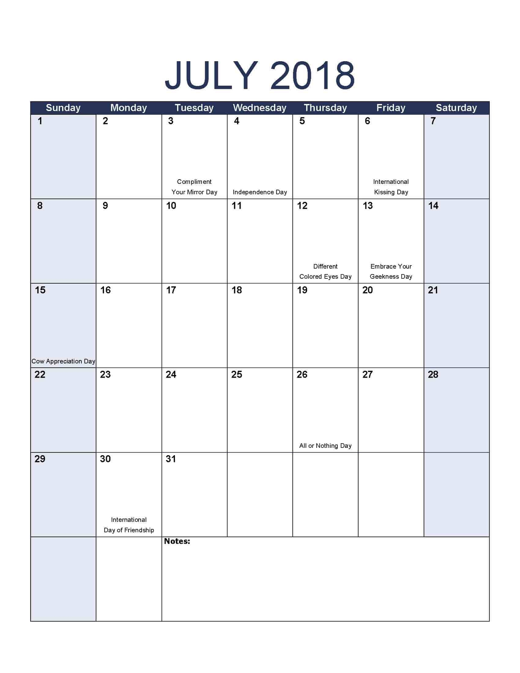 July 2018 Calendar - Free, Printable Calendar Templates-Printable Calendar With Jewish Holidays