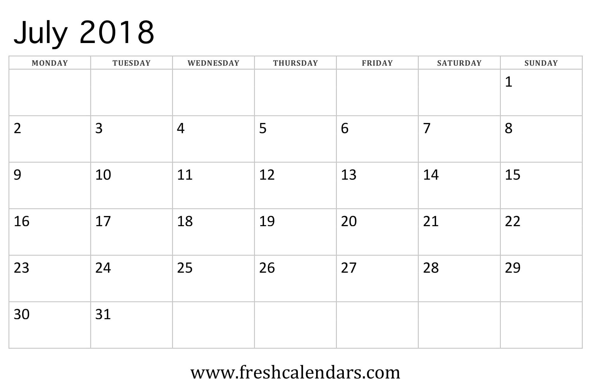 July 2018 Calendar Printable - Fresh Calendars-Monthly Calendar Starts On Monday