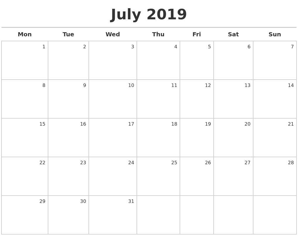 July 2019 Blank Calendar Monday Start #july #julycalendar-Print Calender Start Monday Blank