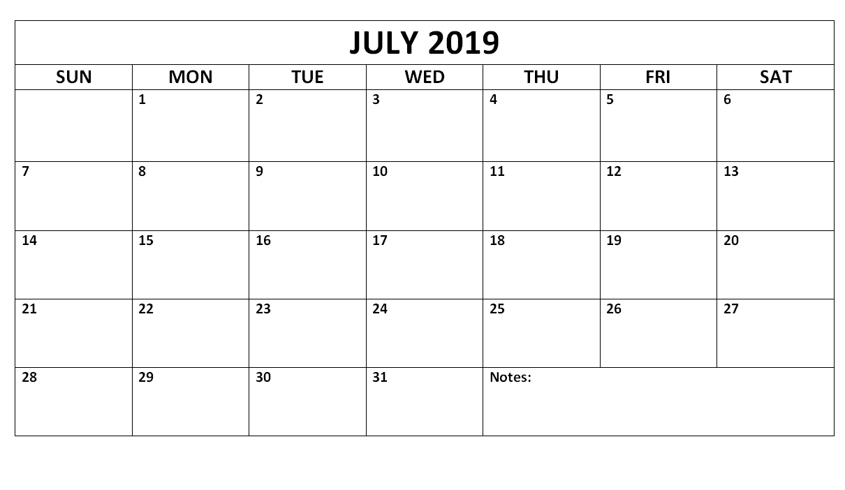 July 2019 Blank Calendar Waterproof | Free Printable July-Blank Calender 31 Days