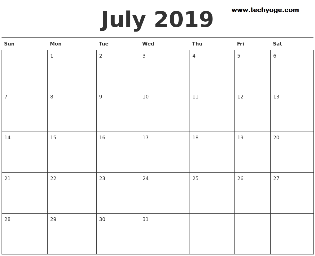 July 2019 Calendar Printable Images Download – Techyoge-Fill In The Blank July 2919 Calendar