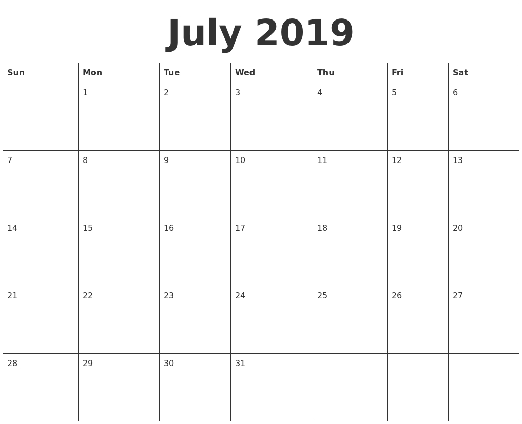 July 2019 Free Printable Calendar Templates-Free Blank Printable Calendar Templatemondaystart