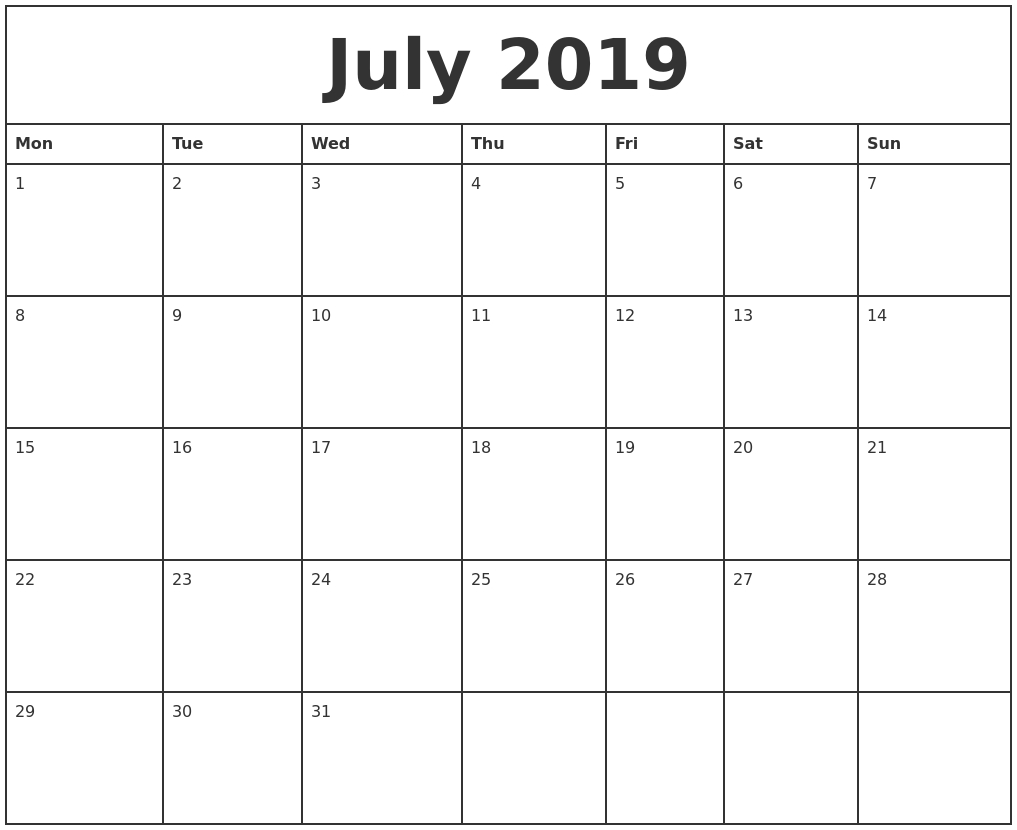 July 2019 Printable Monthly Calendar-Monthly Calendar Starting With Monday