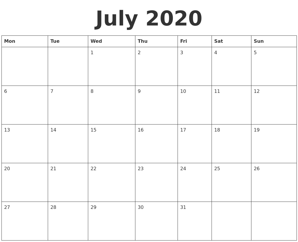 July 2020 Blank Calendar Template-Fill In Calendar Template 2020