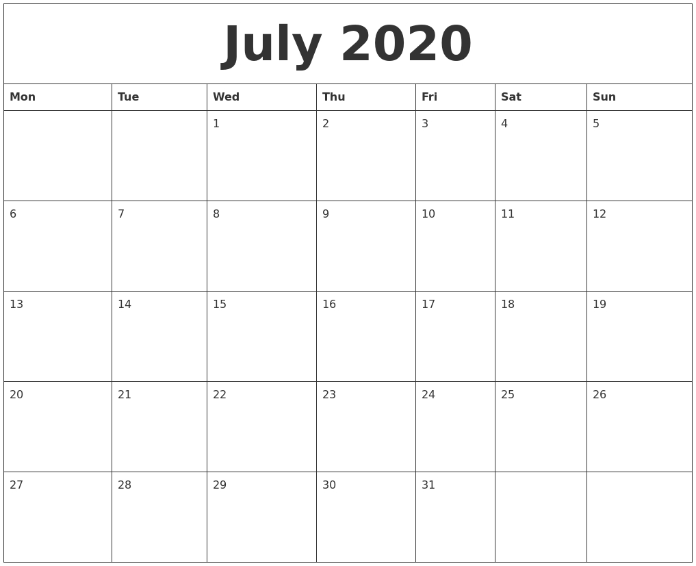 July 2020 Large Printable Calendar-Blank Calendar June-July 2020