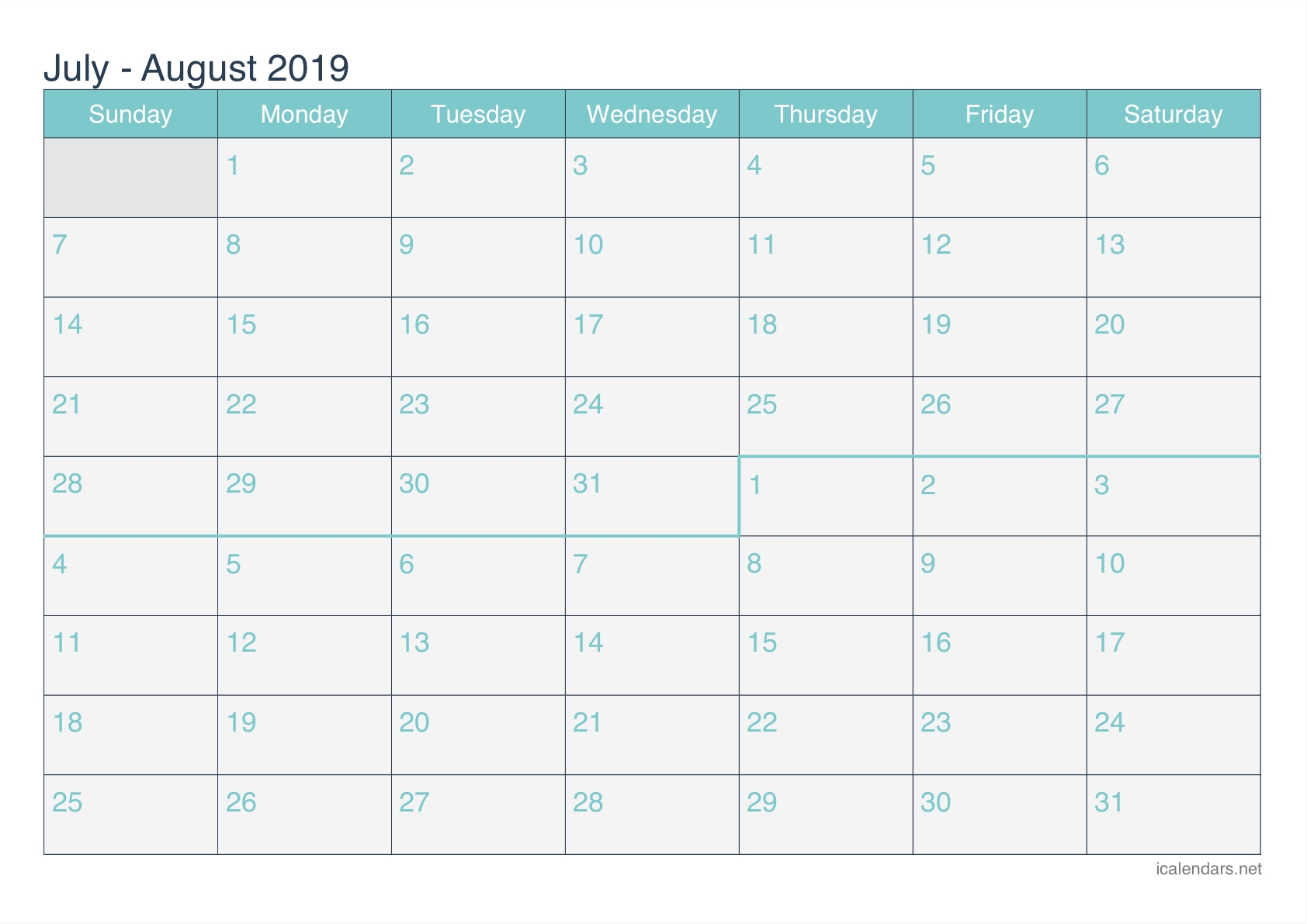 July And August 2019 Printable Calendar - Icalendars-Blank Calendar June July August Combination Printable