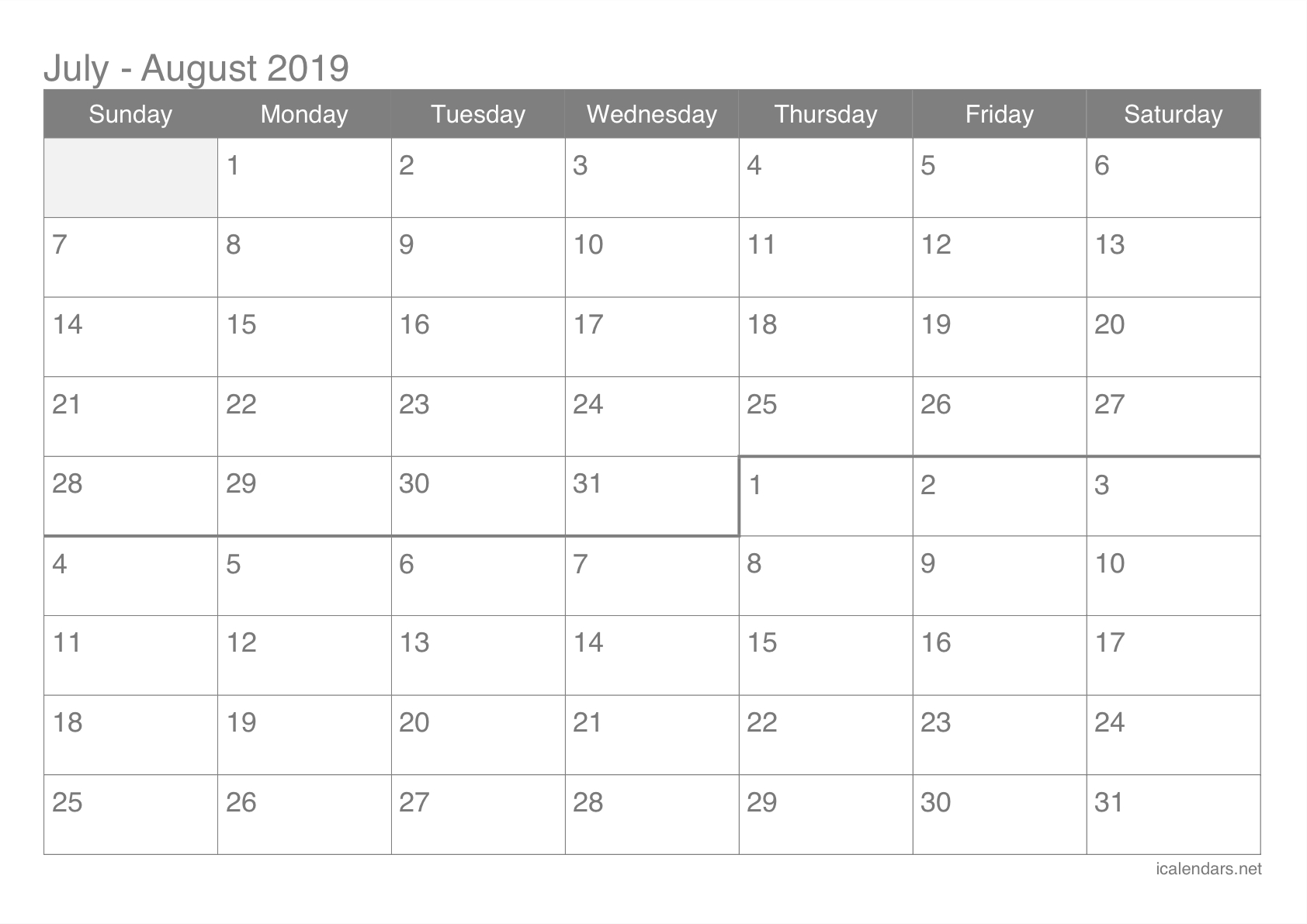 July And August 2019 Printable Calendar - Icalendars-Blank June July August Calendar