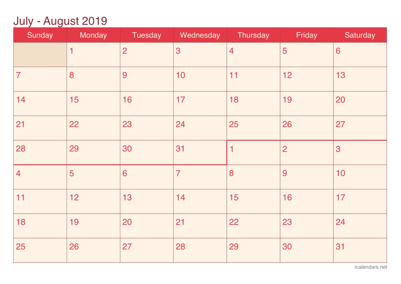 July And August 2019 Printable Calendar - Icalendars-June And July Blank Calendar