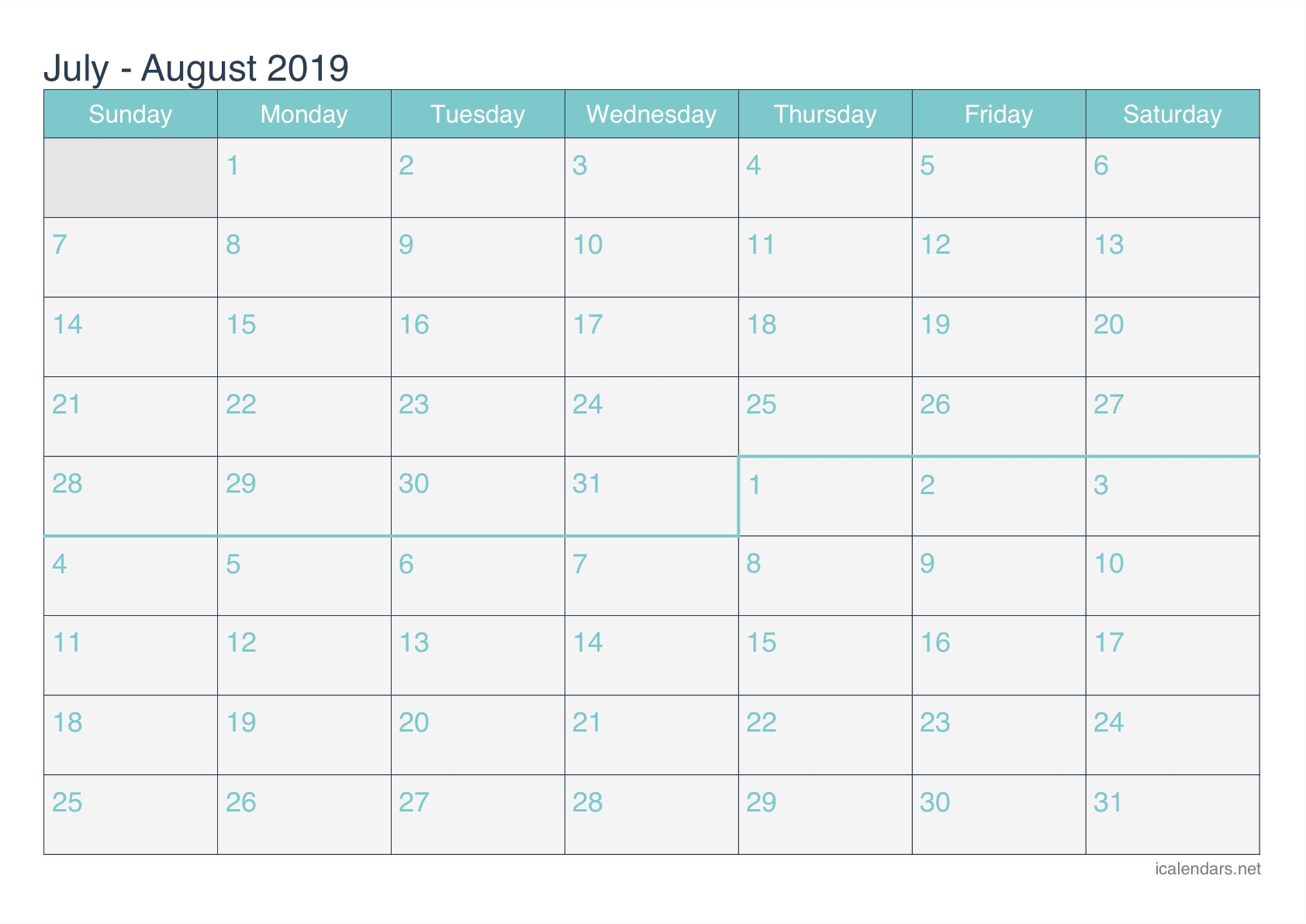 July And August 2019 Printable Calendar - Icalendars-June And July Blank Calendar