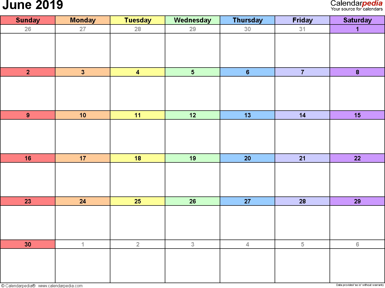 June 2019 Calendars For Word, Excel &amp; Pdf-Monthly Schdule For June