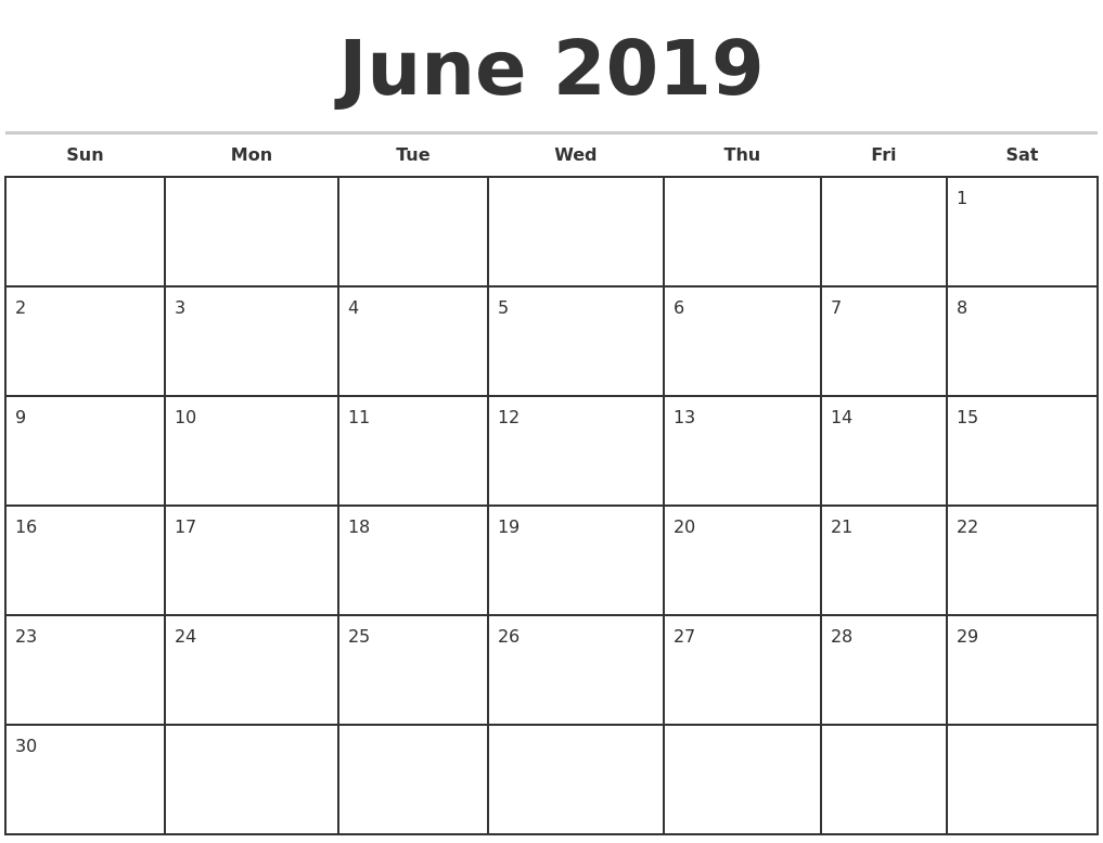 June 2019 Monthly Calendar Template-Monday To Friday Monthly Calendar