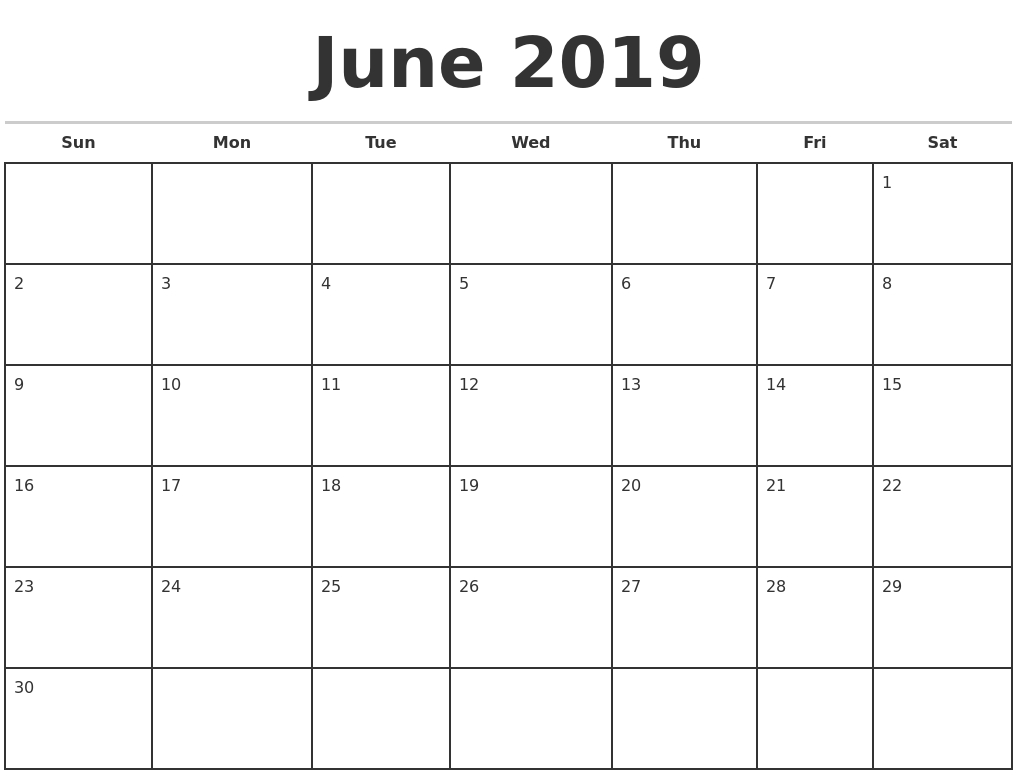 June 2019 Monthly Calendar Template-Monthly Calendar Sheets Printable