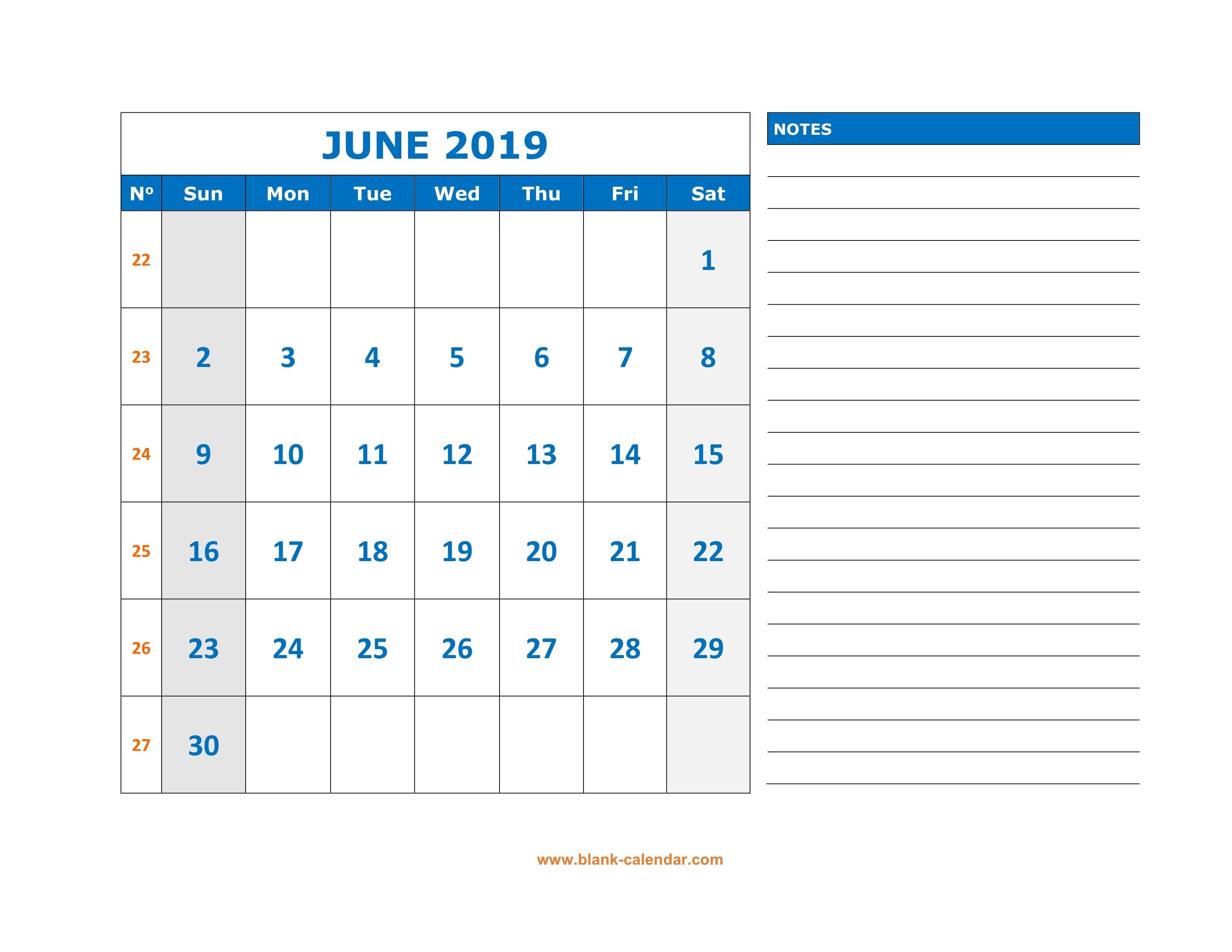 June 2019 Printable Calendar Templates - Free Pdf Holidays-Blank Calendar Template With Space For Memo And Notes Printable
