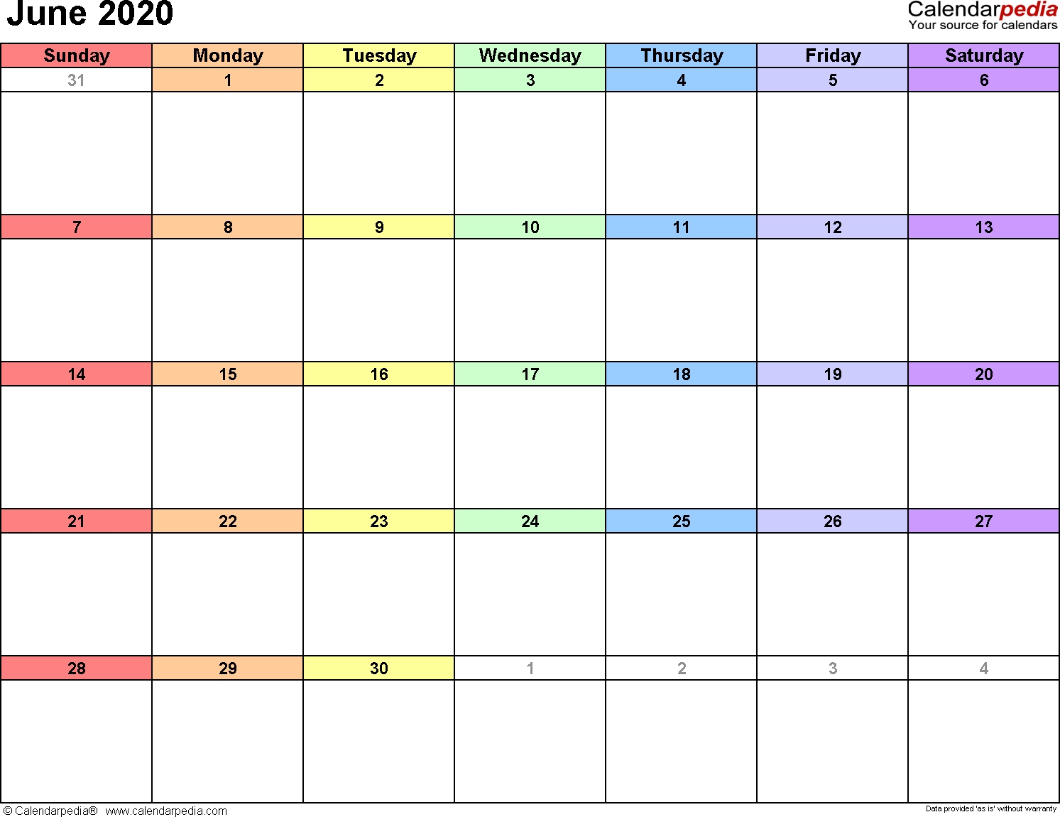June 2020 Calendars For Word, Excel &amp; Pdf-Blank Calendarjune 2020 Printable Monthly