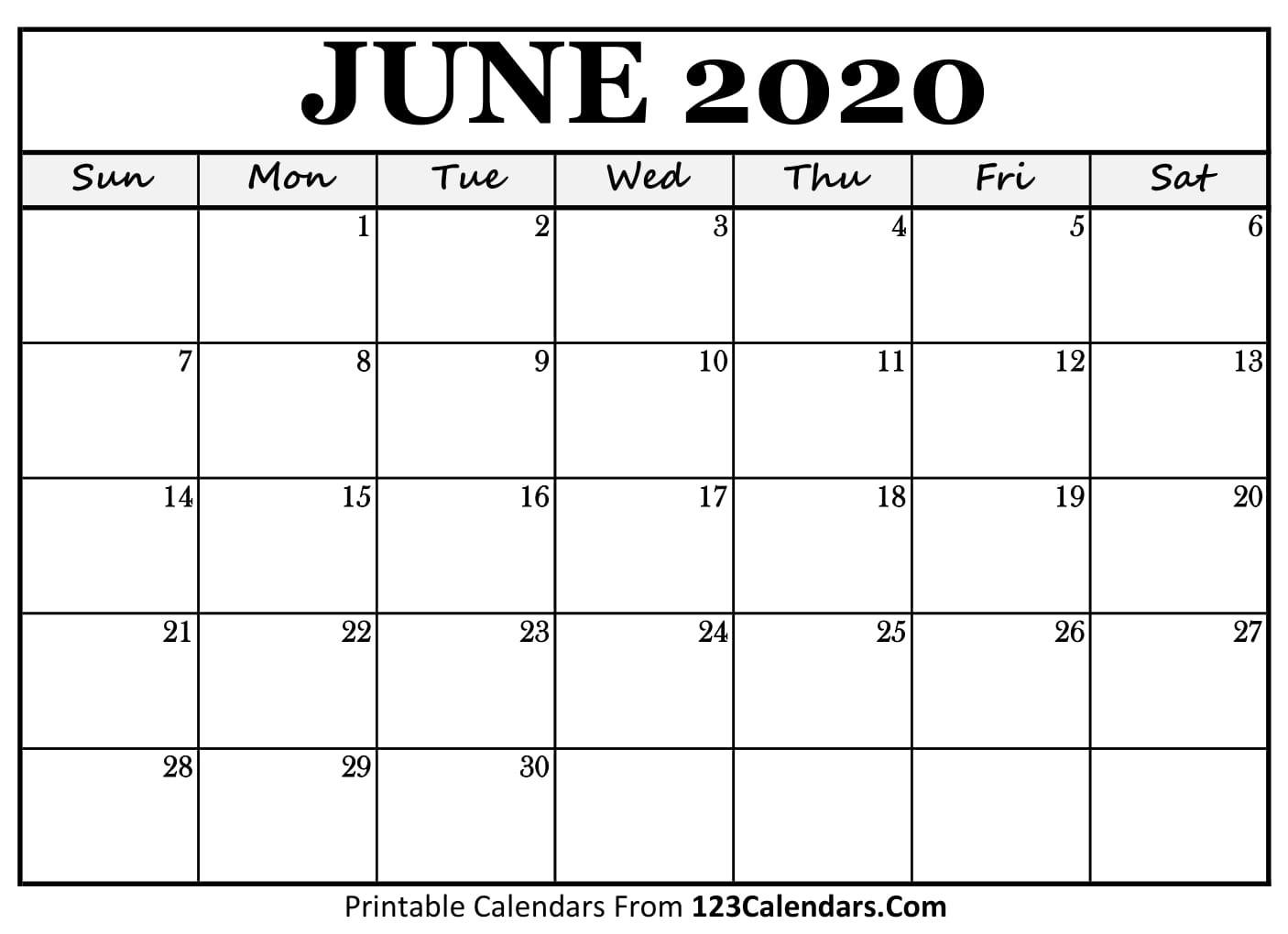 June 2020 Printable Calendar | 123Calendars-Blank Customizable June Calendar Template 2020