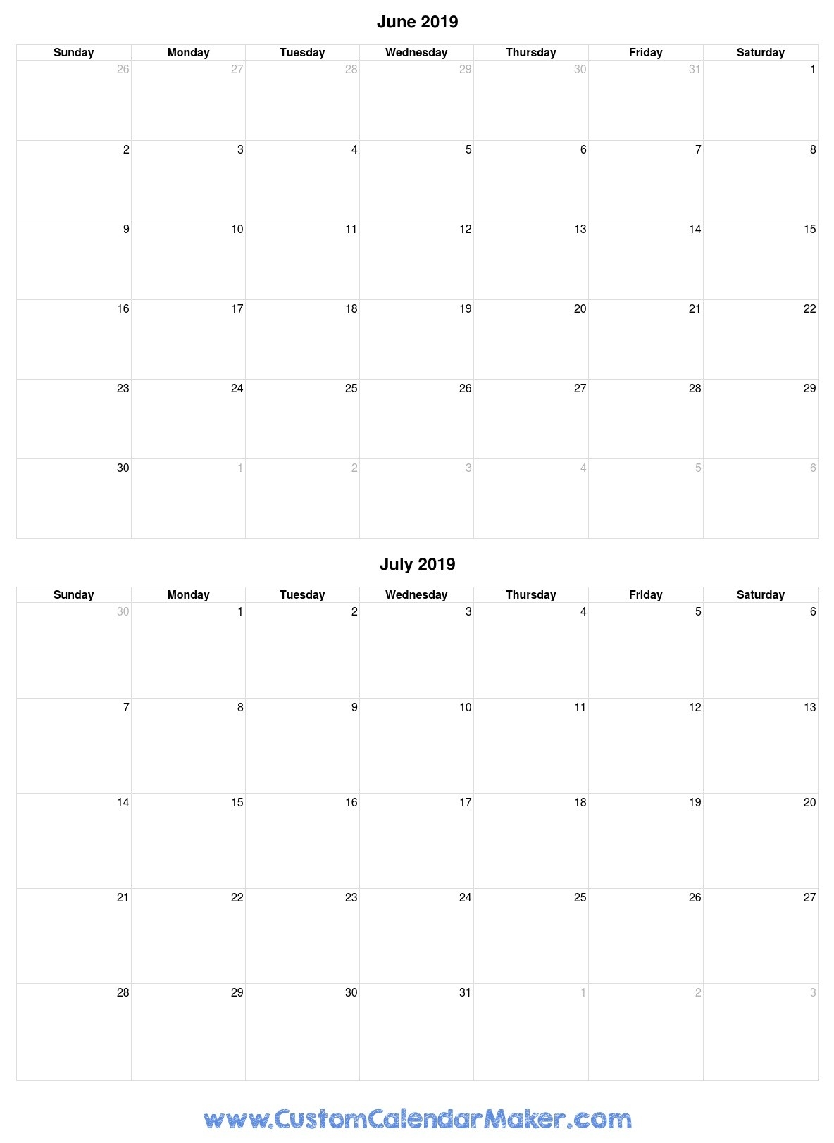 June And July 2019 Free Printable Calendar Template-June And July Blank Calendar