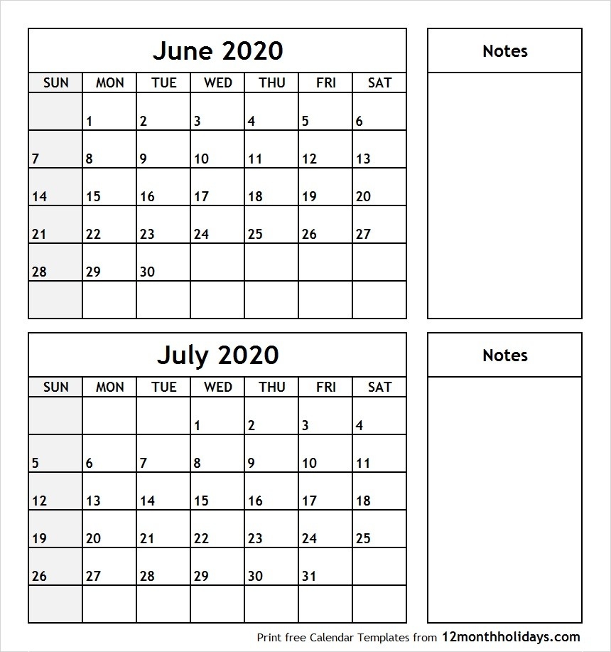 June-July-2020-Printable-Calendar - All 12 Month Calendar-Blank Calendar June-July 2020