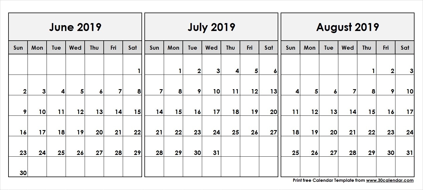 June-July-August-2019-Printable-Calendar - 30 Day Calendar-Blank June July August Calendar