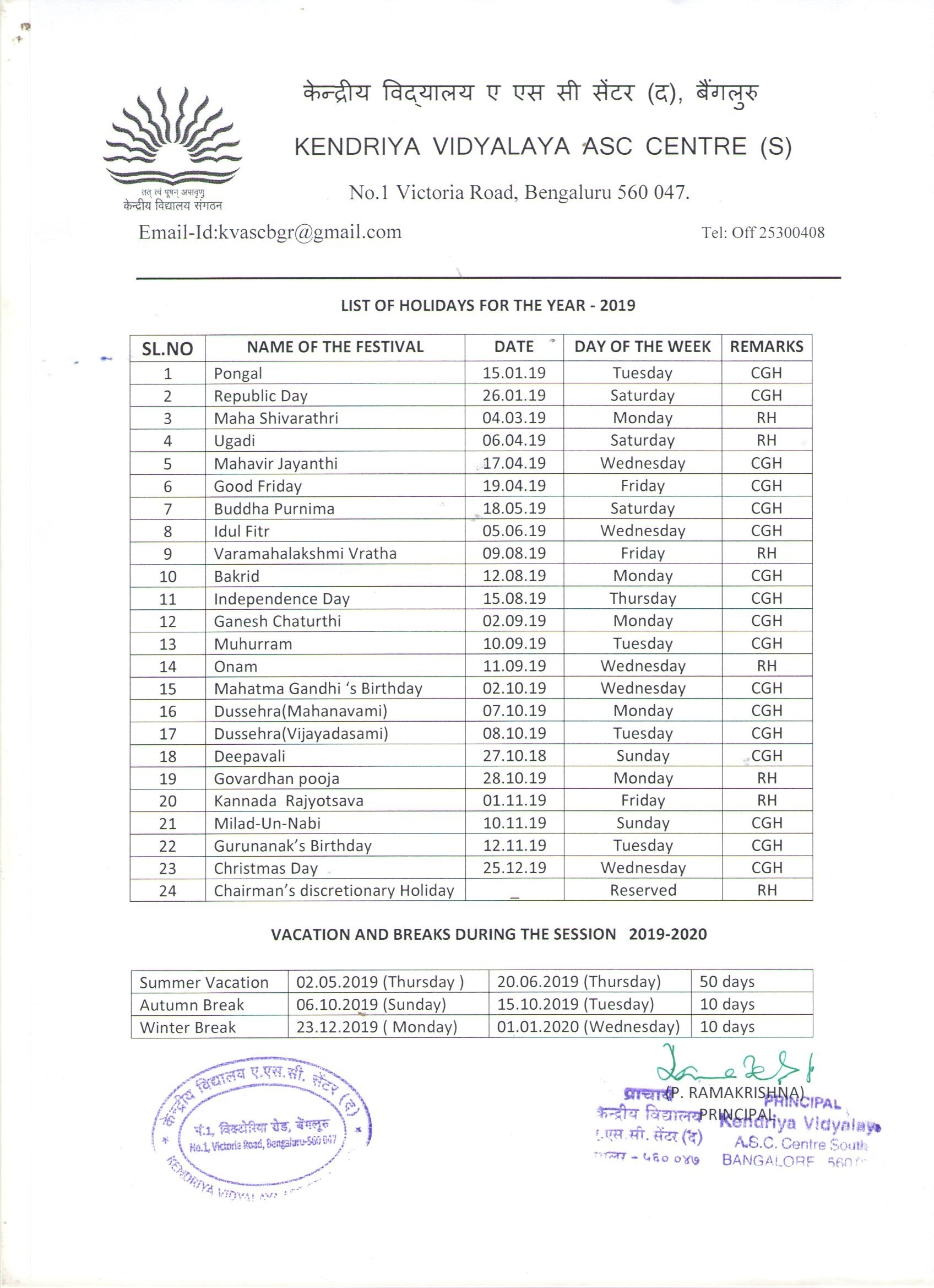 Kendriya Vidyalaya Asc Centre(S),bangalore-List Of Holidays2020In Kendrya Vidyalaua
