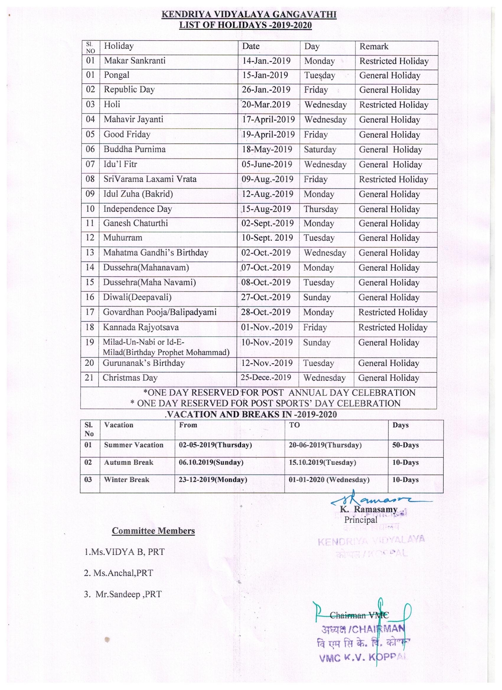 Kendriya Vidyalaya Virupapur Gangavathi :: Home Page-List Of Holidays2020In Kendrya Vidyalaua