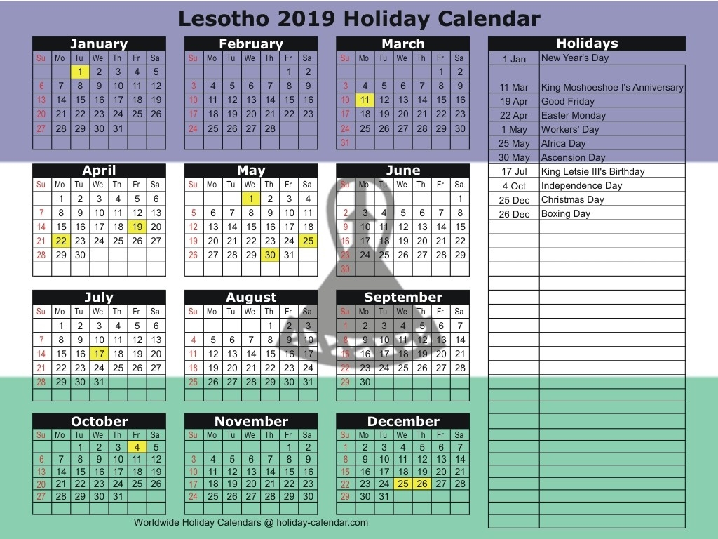 Lesotho 2019 / 2020 Holiday Calendar-South Africa Bank Holidays June 2020