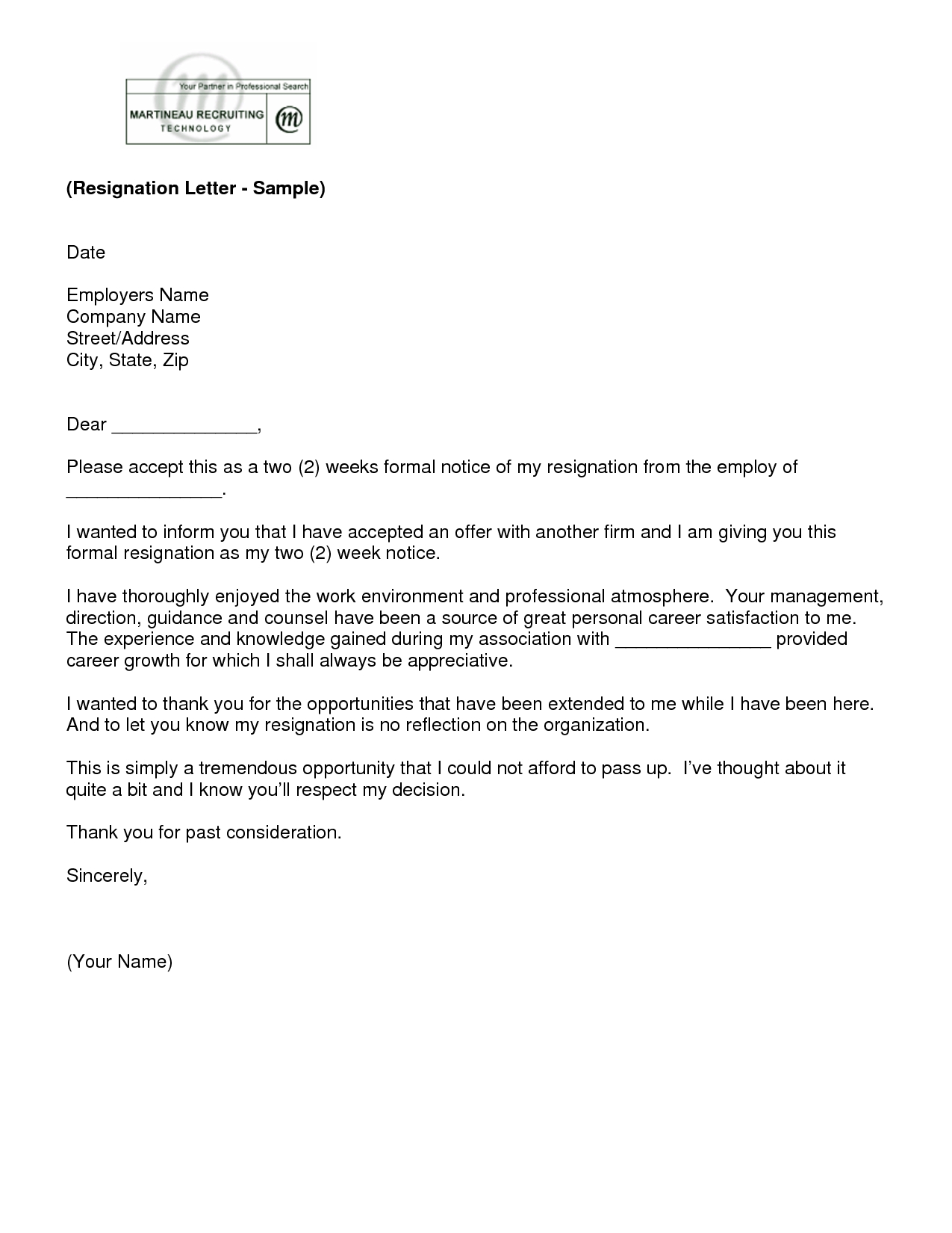 Letter Of Resignation 2 Weeks Notice Template | Ew-Template For 2 Weeks