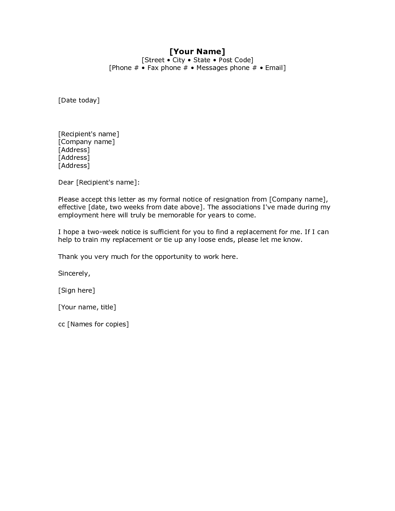 Letter Of Resignation Template Examples Email Title 2 Weeks-Template For 2 Weeks