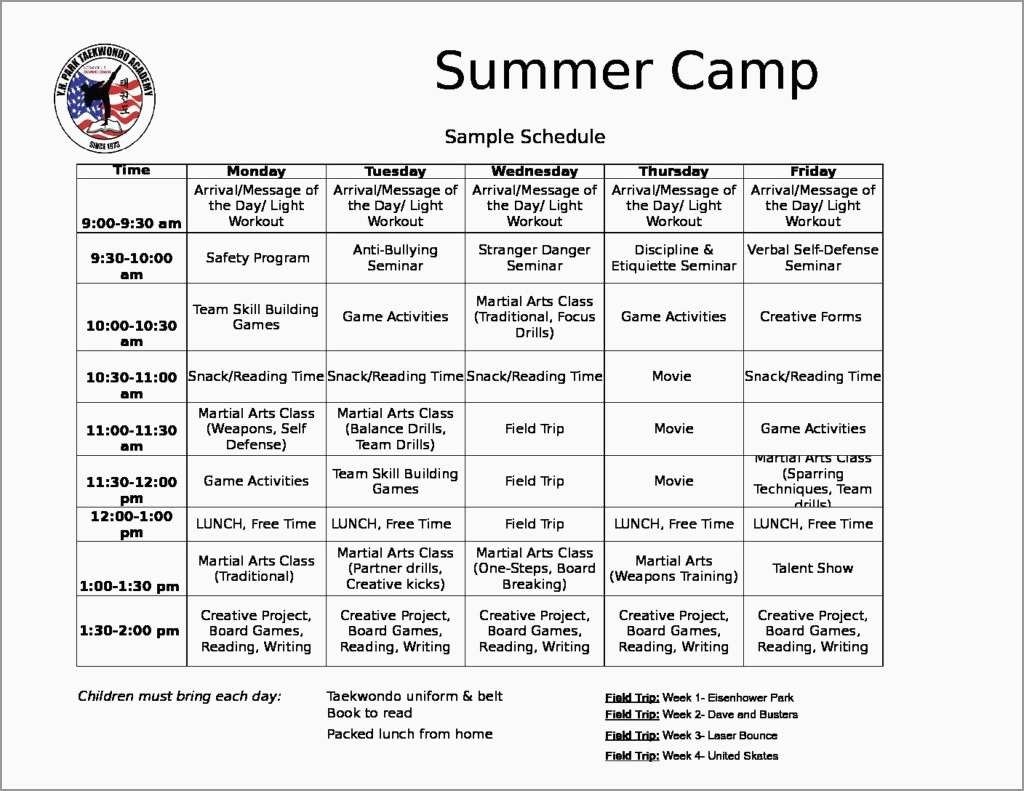 Printable Summer Camp Schedule Template Printable Templates