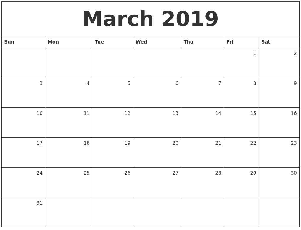 March 2019 Monthly Calendar-Monthly Calendar Type In