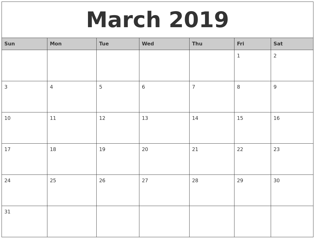 March 2019 Monthly Calendar Printable-Monthly Calendars Start Monday