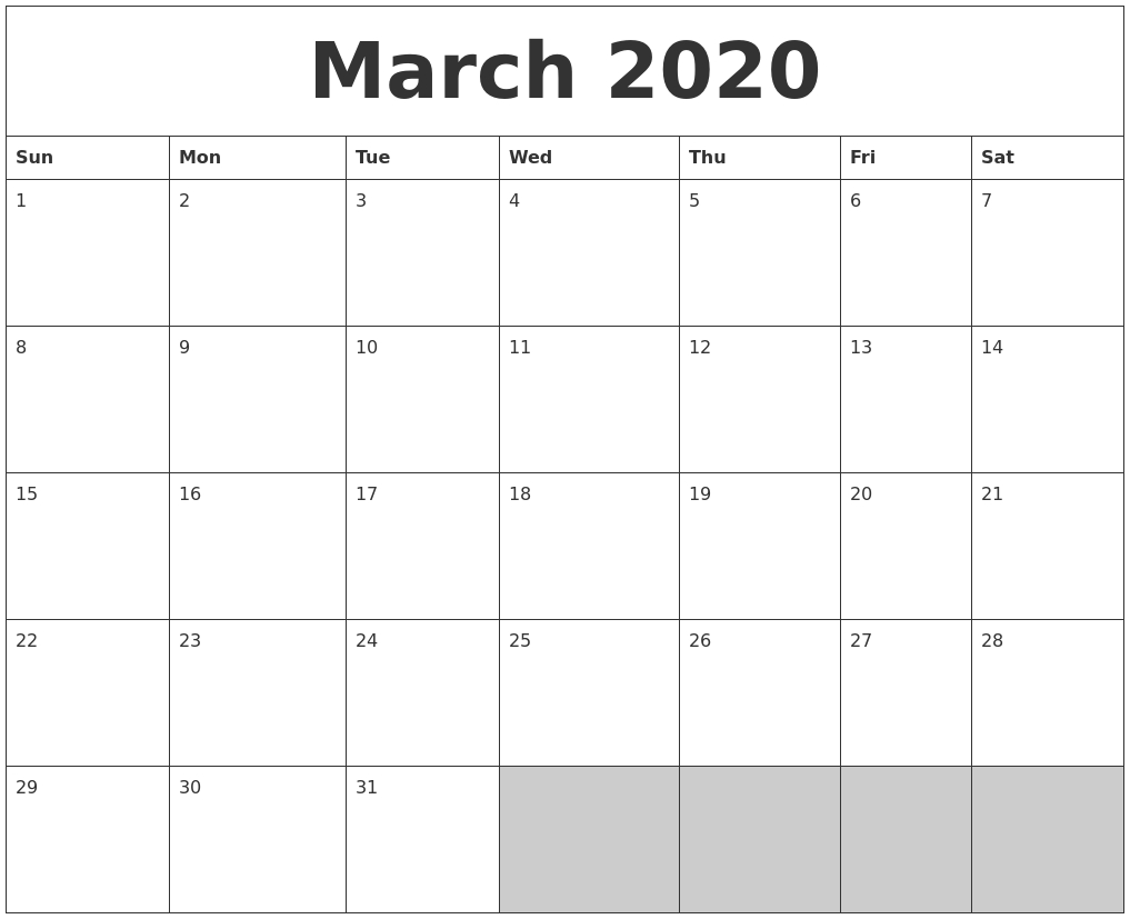 March 2020 Blank Printable Calendar-Print Calender Start Monday Blank