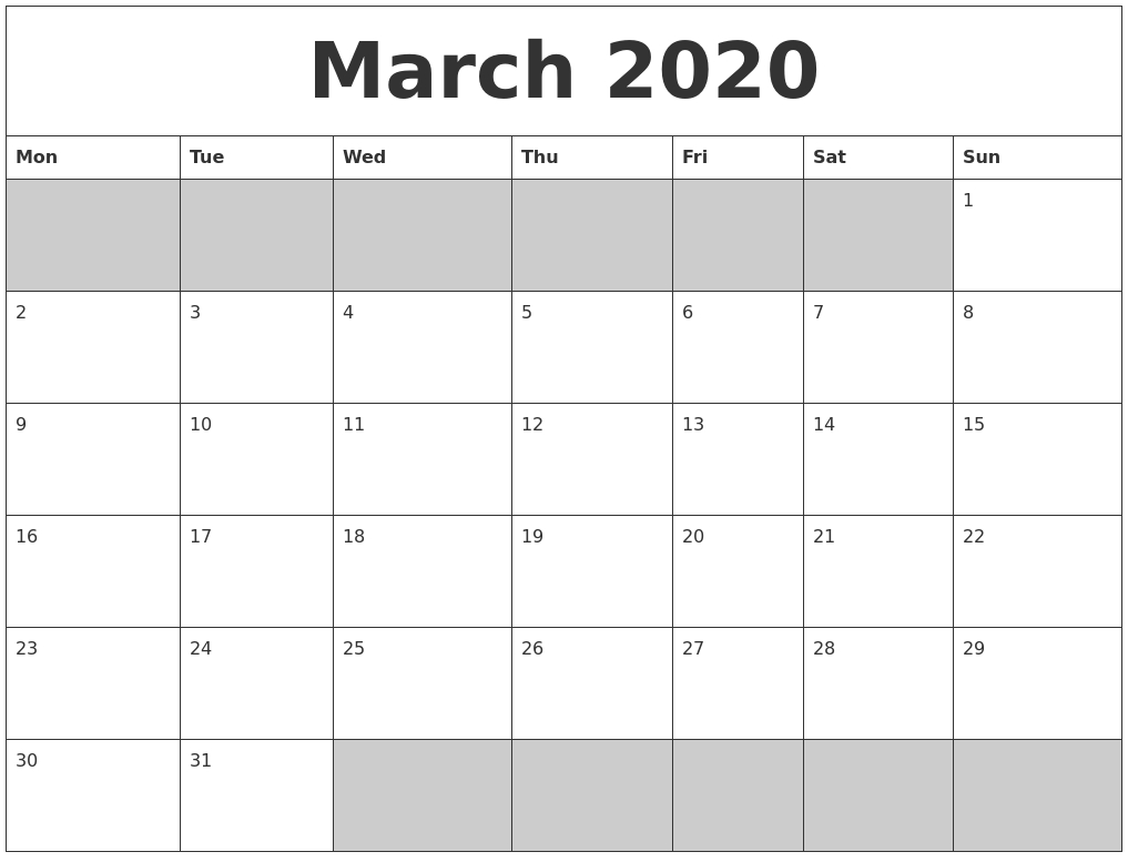 March 2020 Blank Printable Calendar-Print Calender Start Monday Blank