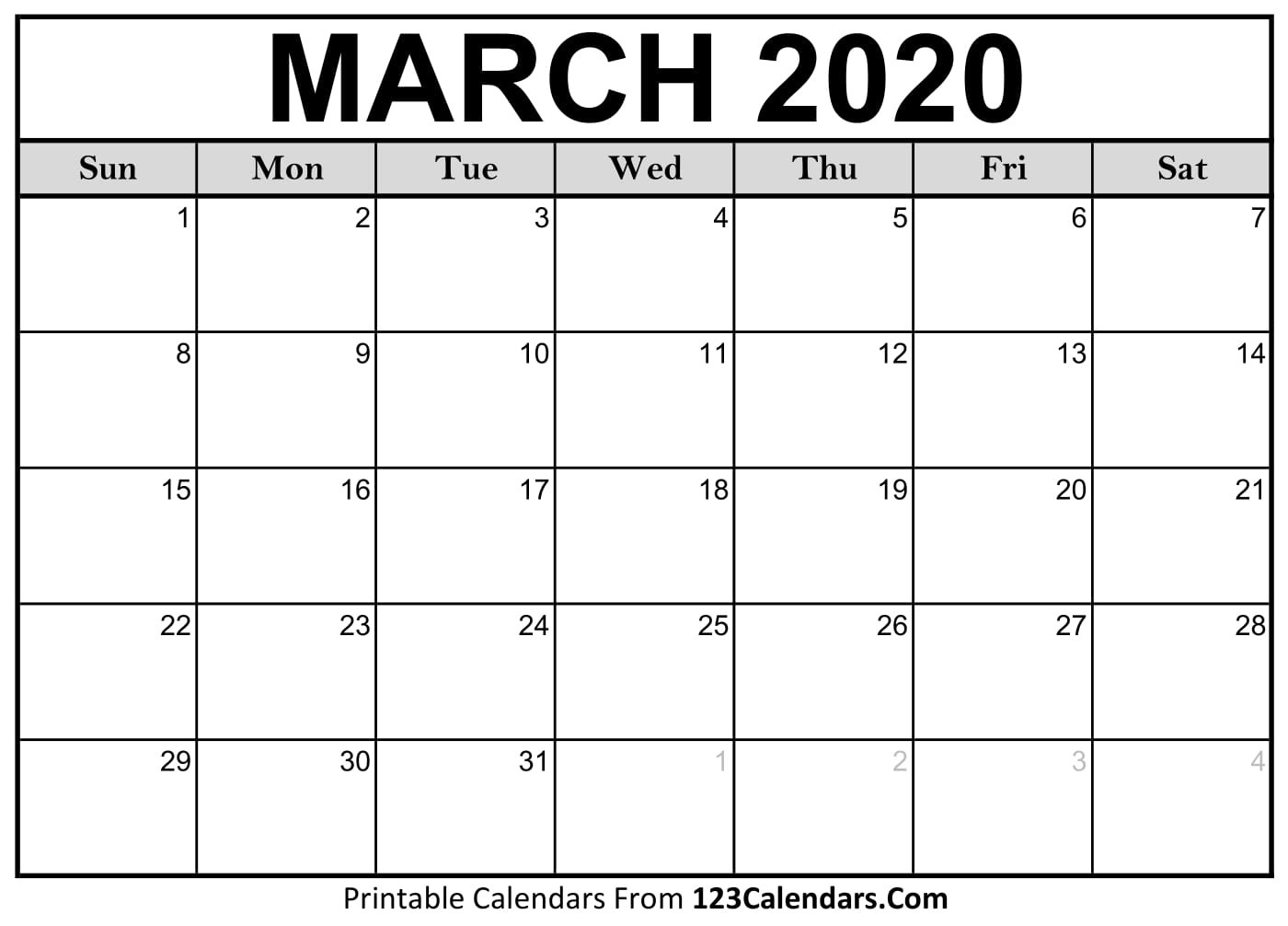 March 2020 Printable Calendar | 123Calendars-January 2020 Calendar Ireland