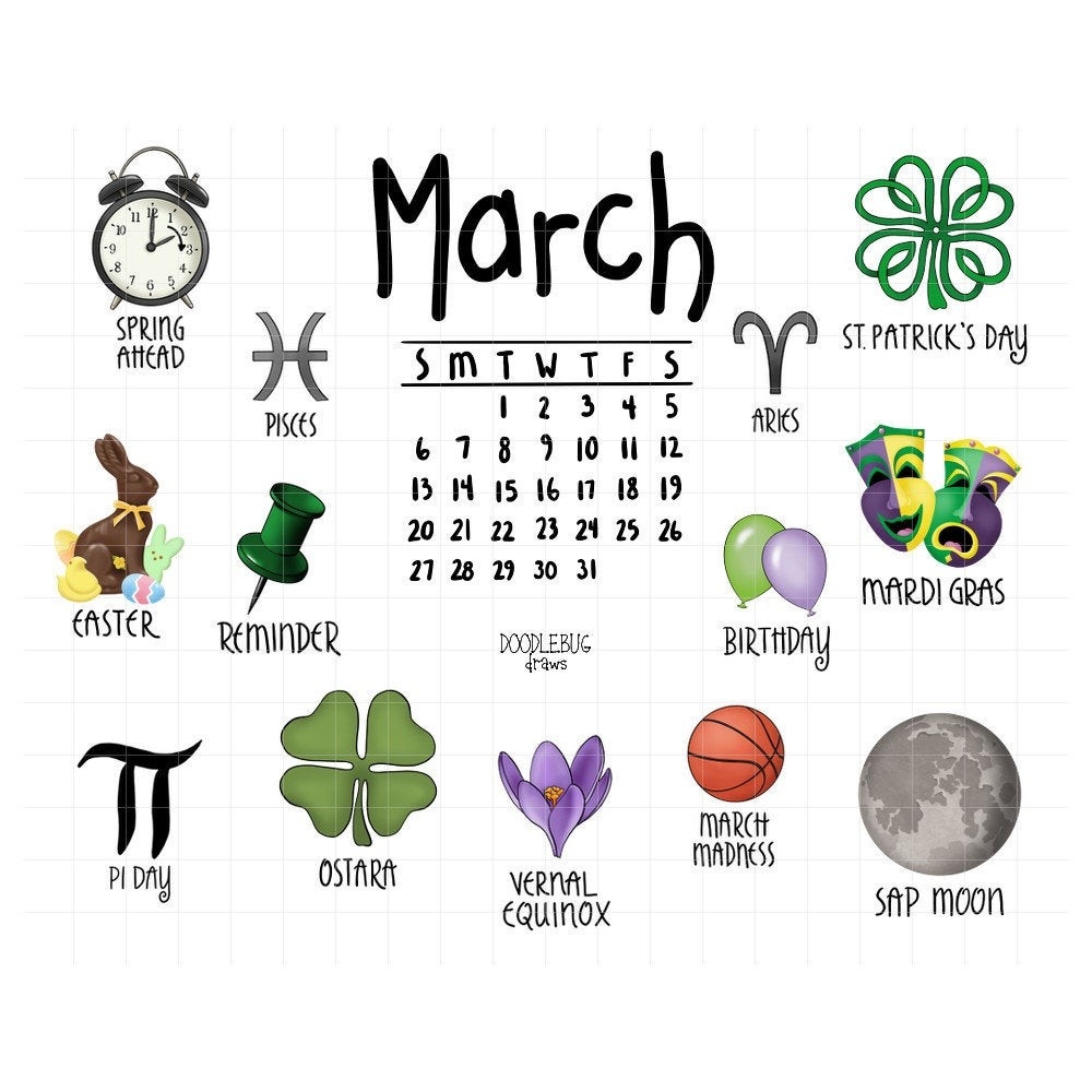 March Digital Planner Stickers | Calendar Clipart | March Holidays,  Birthdays, Events, And Mini-Calendars | Printable Png Graphics-Printable Secular Calendar With Jewish Holidays