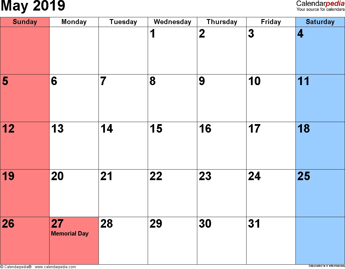 May 2019 Calendars For Word, Excel &amp; Pdf-Monthly Calendar Type In