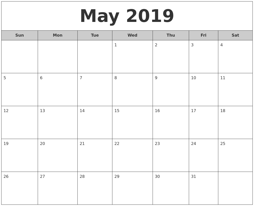 May 2019 Free Monthly Calendar-Monday To Friday Monthly Calendar