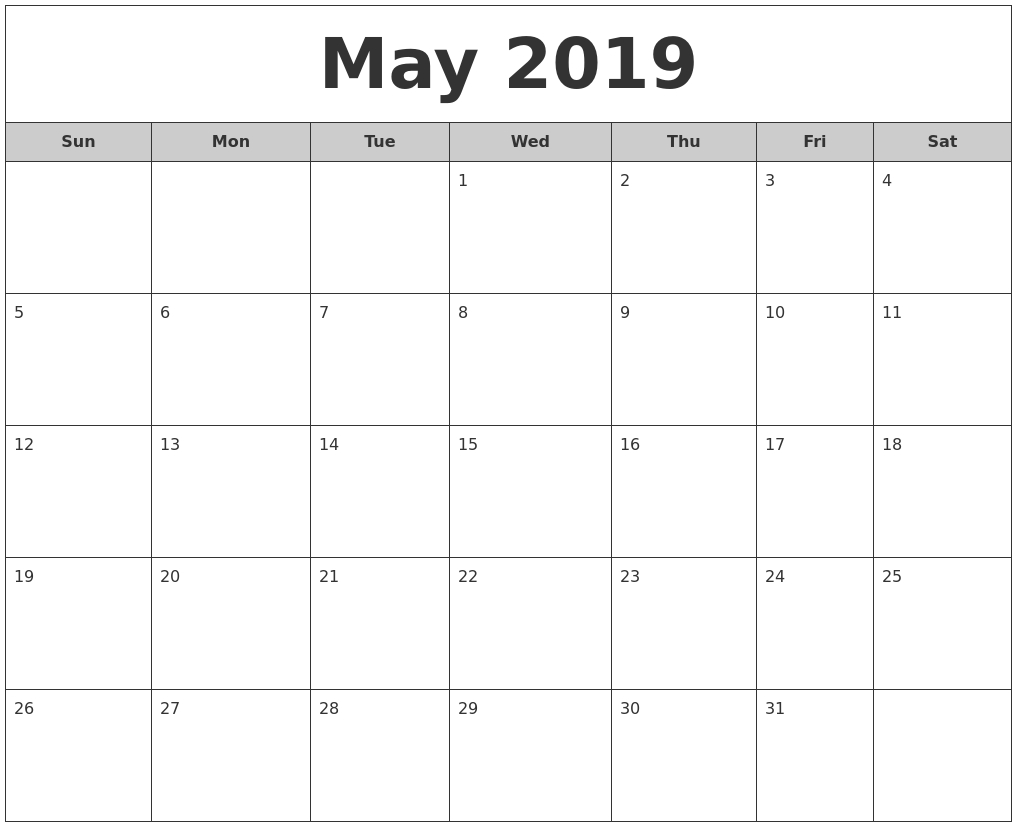 May 2019 Free Monthly Calendar-Sun - Sat Monthly Calendar