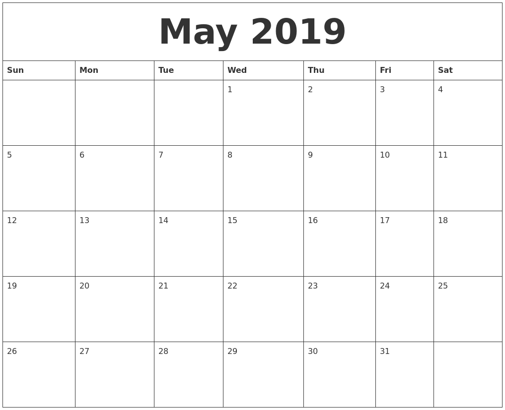 May 2019 Free Printable Monthly Calendar-Printable Monthly Calendar Starting With Monday