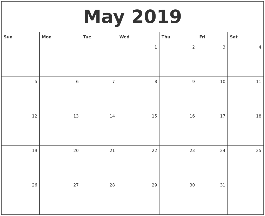 May 2019 Monthly Calendar-Monthly Calendar Starting With Monday